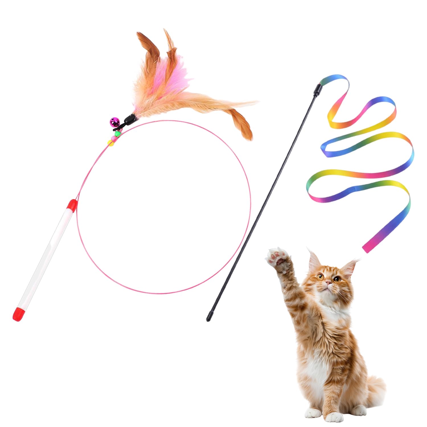 Bastone Giocattolo Per Gatti Con Piume E Nastro Arcobaleno - Gioco Interattivo Per Divertimento Felino - Foto 6