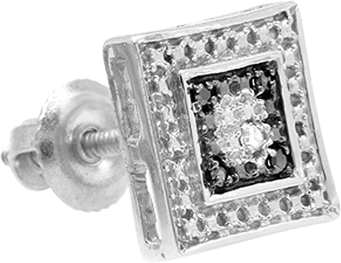 Dazzlingrock Collection 0.03 Carat Round Black & White Diamond 8mm Square Micro Pave Hip Hop Stud Earring (1Pc Only), Unisex Design Ladies, Mens Real Diamond Earrings