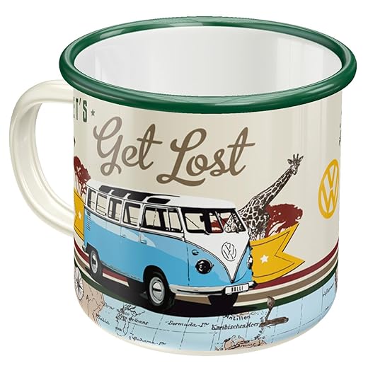 Nostalgic-Art Taza esmaltada retro, Bulli T1 – Get Lost – Idea de regalo de furgoneta Volkswagen, Copa para camping, diseño vintage con frase, 360 ml