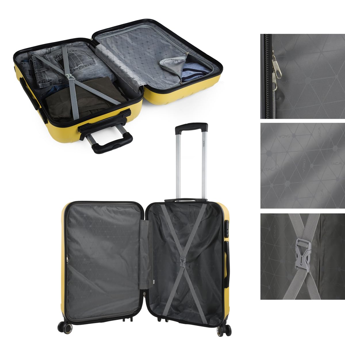 ITACA - Zestaw 3 sztywnych etui na przesuw 4 wózki na kołach 55/64/73 cm ABS. Odporne i lekkie. Uchwyt na kłódki. Mała średnia i duża kabina. 771100, Żółty