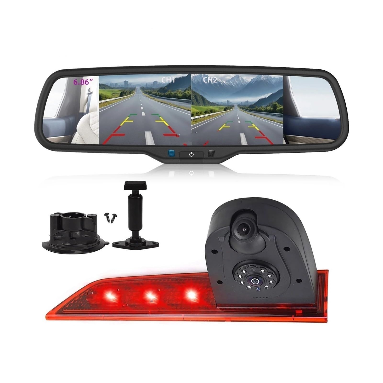 Cámara De Respaldo para Ford para Transit para Custom (Mayo 2016-presente) Cámara Marcha Atrás con Luz Freno con Monitor Espejo Pantalla Dividida Cámara Visión Trasera(1.5 Bracket Kit)