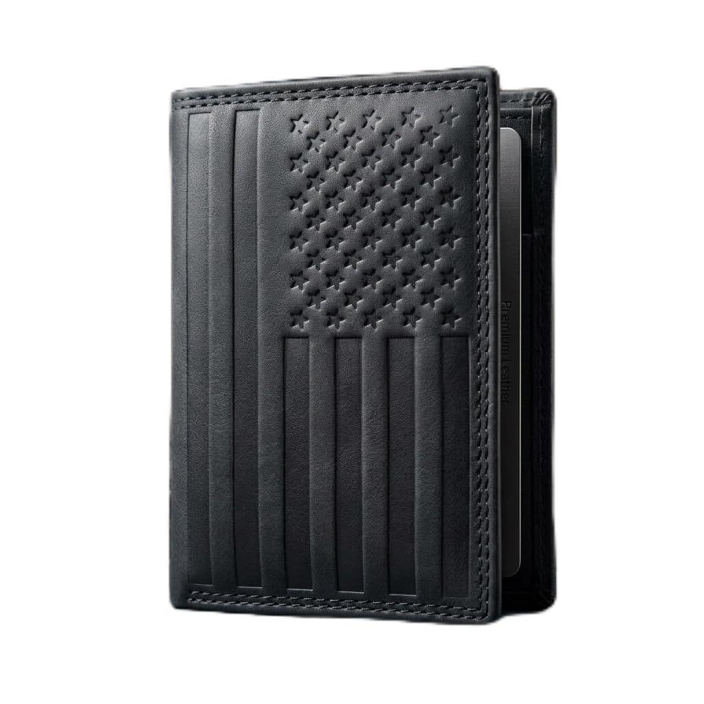 ASAD Leather Slim Everyday Trifold Wallet with ID Window and Multiple Card Slots | Genuine Leather Double Stitched RFID Blocking Stylish | Gift for Him | Black Crazy Horse American Flag Design