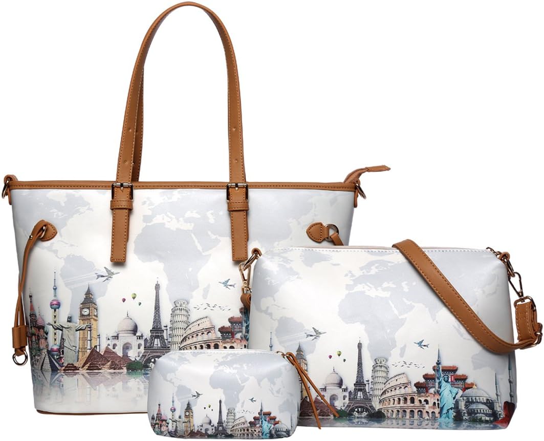 Aphyni Celsino Women Sets of 3 Handbags Purse Shoulder Tote Bag Clutches Wallet Crossbody Messenger Bags PU Leather (Famous Landscape)
