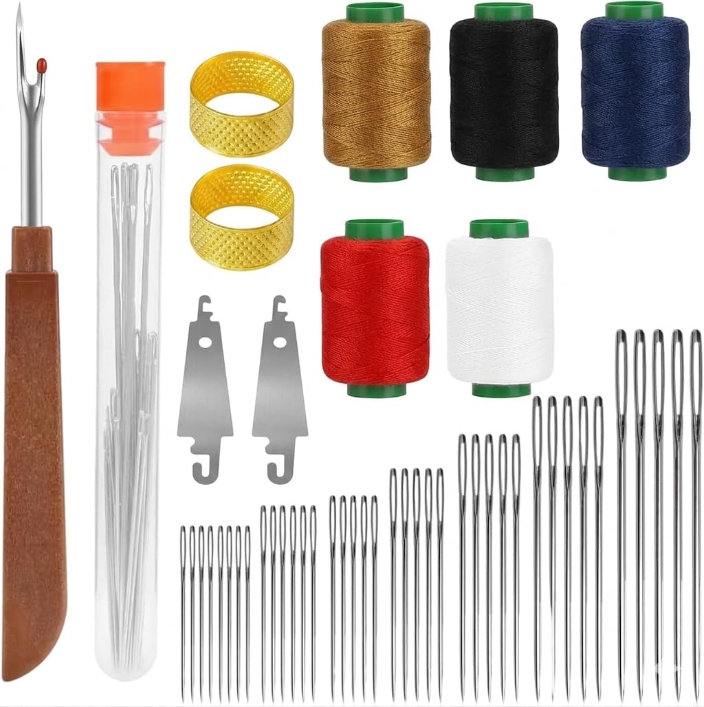 37pcs Thimble Threader Set with Large Eye Steel Hand Sewing Needles, Traditional Old Man for Clothes Quilts Embroidery, Needle Tube in Red and Blue