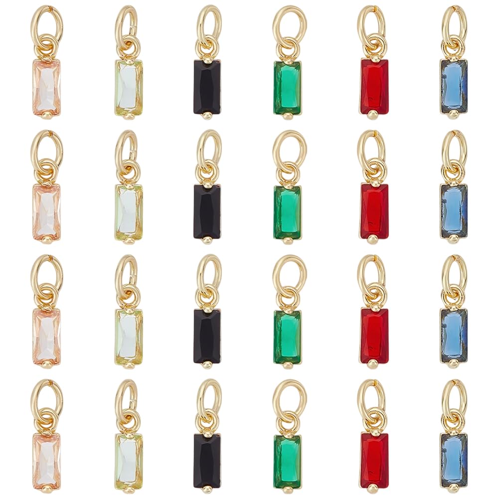 UNICRAFTALE 24Pcs 6 Colors Cubic Zirconia Charms Rectangle Micro Pave Birthstone Charms Crystal Pendants with Loop 18k Gold Plated Pendants for Jewelry Necklace Bracelet Earring Making