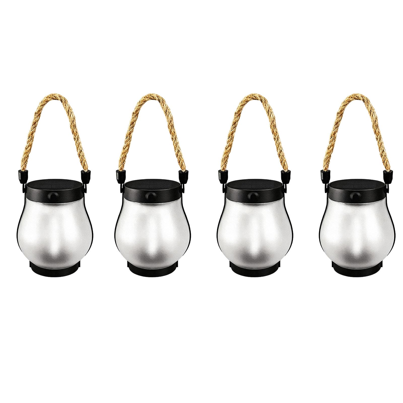 Zewnętrzne lampiony solarne z migoczącym płomieniem LED, 4 szt., 25 x 10 cm, wiszące światła z uchwytem z liny konopnej, idealne na patio i podwórko