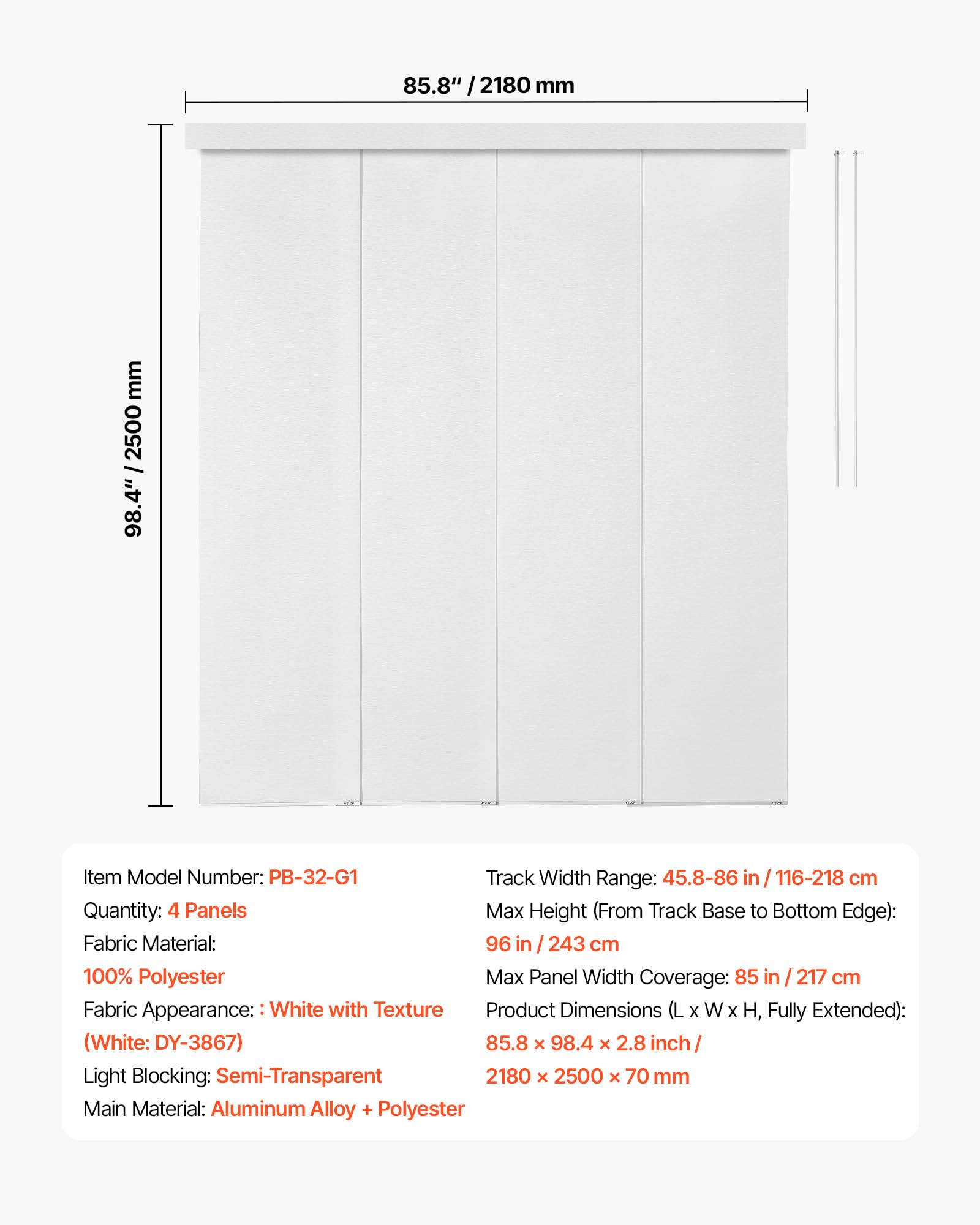 VEVOR Store à Panneaux sur Rail Extensible 116-218 cm de Largeur, Panneau Japonais Vertical Ajustable jusqu'à 243 cm de Hauteur, pour Portes Coulissantes, Séparation de Pièce, Fenêtres, Blanc
