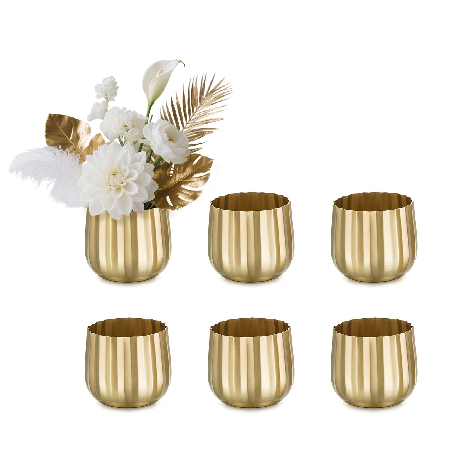NUPTIO Gold Vase for Wedding Centrepieces: 6 Pcs 10cm Metal Ribbed Flower Vases for Birthday Party Table - Small Plants Planters Vintage Pots for Home Outdoor Garden Decorations — image 1