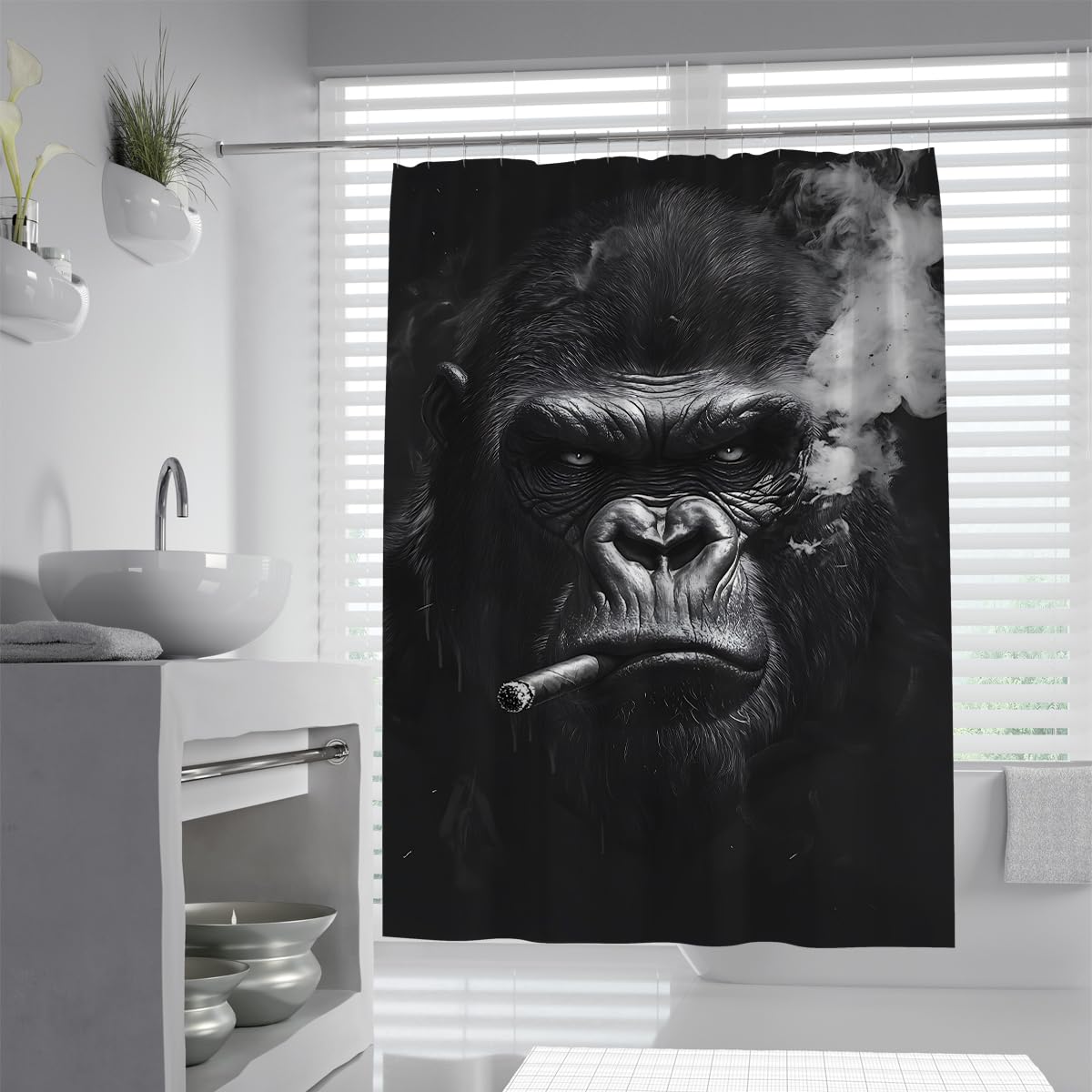 UIRINGART Funny Ape Bath Curtains W120xL180cm Water Repellent Mold Resistant Black Gorilla Artwork Bathroom Screen Rustproof Grommets Gym Home Decor Wet Room