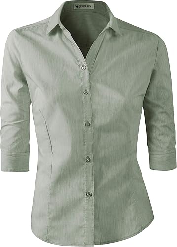 Doublju - Camiseta básica de manga 34 con cuello de botón para mujer