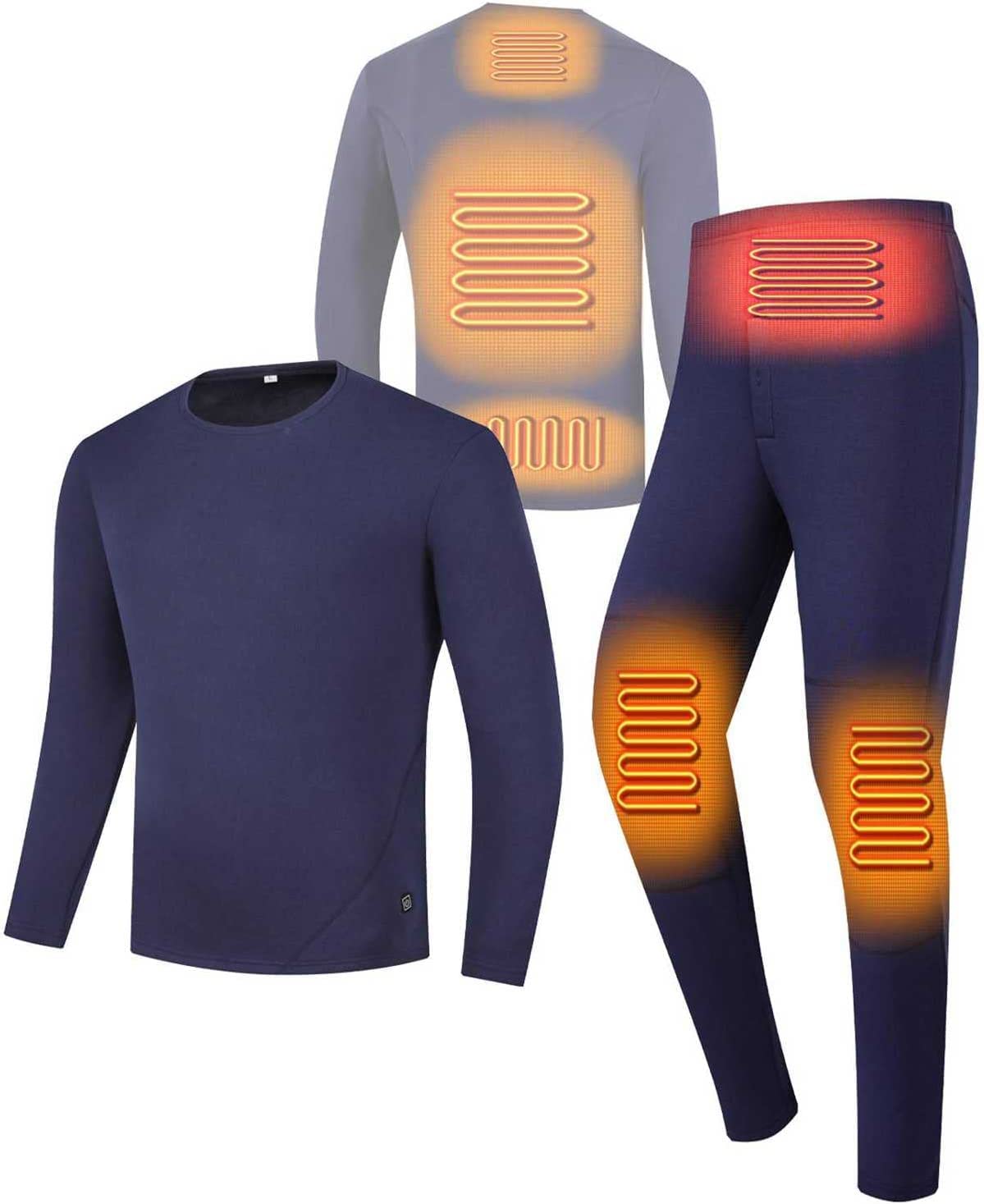 Męski zestaw bielizny podgrzewanej termiczna góra i dół dla mężczyzn, podgrzewana bielizna termoaktywna USB (Color : Navy, Size : 4XL-4XLarge)