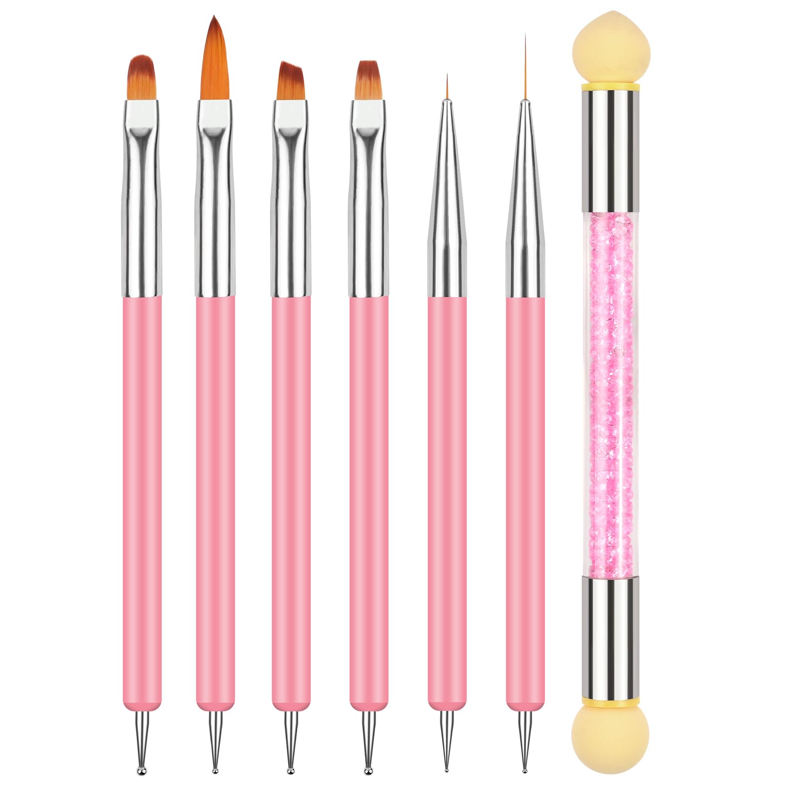 BUTBU 7 Stück Doppel-Ende Nagel Pinsel, Nageldesign Pinsel, mit 1 Sponge Stick, Nail Art Rendering-Werkzeug, Professionelle Maniküre Werkzeuge Kit(Rosa)