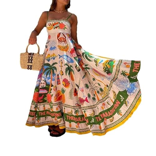 ENENEN Women's Cotton and Linen Slip Dress, Summer Sleeveless Graffiti Print Slip Dress