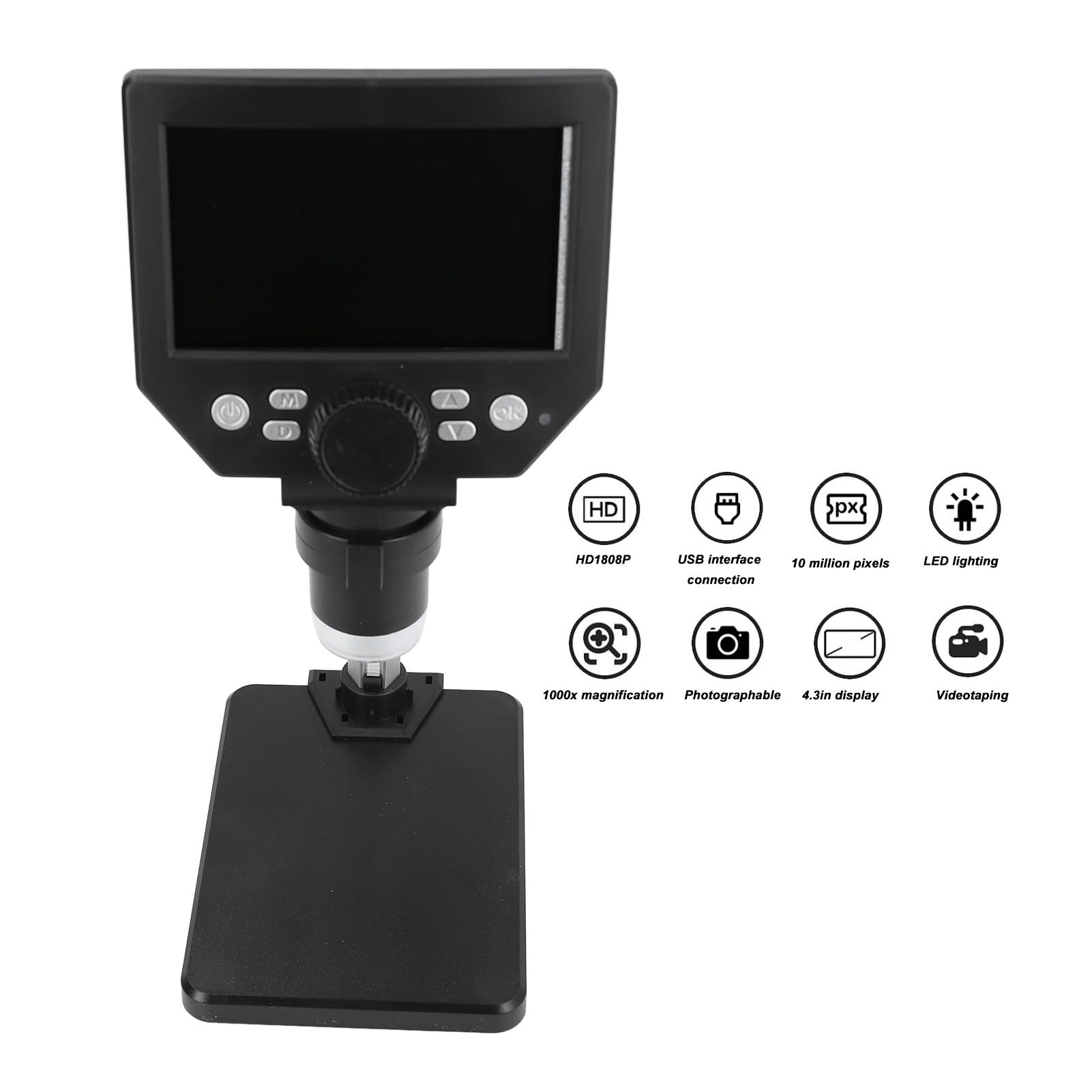 Digitalmikroskop, 4,3-Zoll-LCD-Lötmikroskop mit ABS-Aluminiumlegierungsgehäuse, 10-MP-Kamera, 1- Bis 1000-fachem Zoom, 8 LED-Vollansicht für Elektronikreparatur und Münzbetrachtung