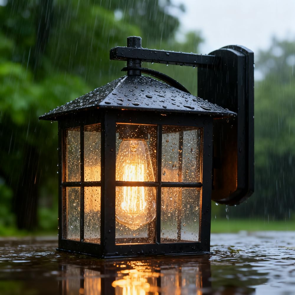 XINYASEE Vintage Industrial Outdoor Wall Lantern,Black Metal Grid Glass Exterior Sconce,Waterproof Outdoor Lighting Fixture with Edison Bulb Style for Patio,Porch,Garden, Classic Decorative​(BD-02)