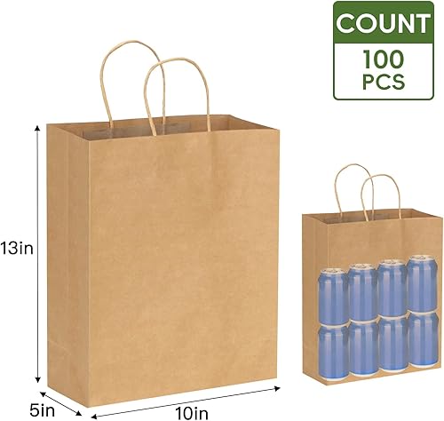 Miniatura 2 de Moretoes 100 bolsas de papel de regalo de 10 x 5 x 13 pulgadas, bolsas de papel kraft marrón con asas a granel para compras, venta al por menor,