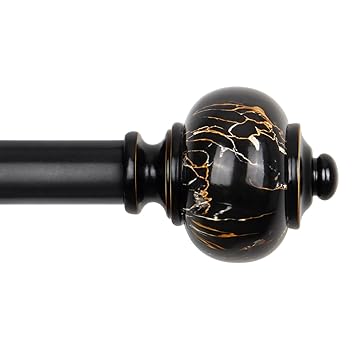KAMANINA 1 Inch Curtain Rod Single Drapery Rod 72 to 144 Inches (6-12 Feet), Black Curtain Rods for Windows 69 to 140 Inches, Marbled Finials