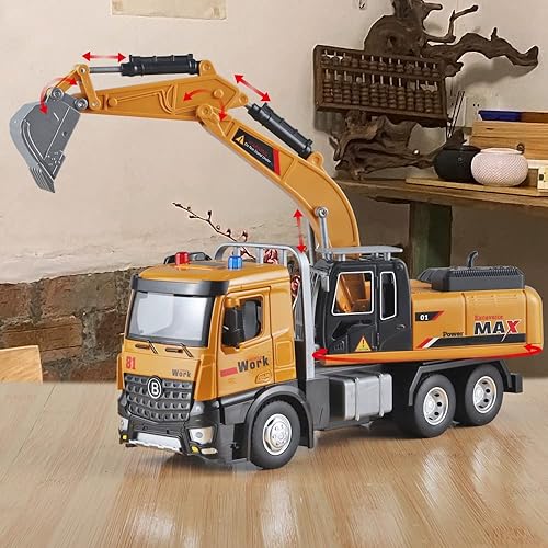 Miniatura 6 de OANMYJJO Juguetes de excavadora para niños, modelo de excavadora de metal fundido a presión, con sonido simulado y luz, juguetes de excavadora,