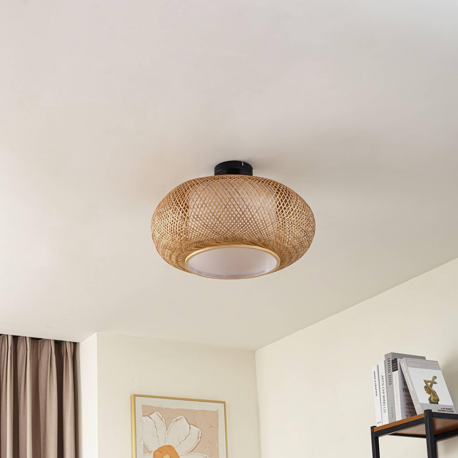 Lindby Bombillas LED lámpara de techo en madera, blanco, plafón redondo | lámpara de salón, e27, rústico, casa de campo, de bambú para sala de estar, salón, comedor