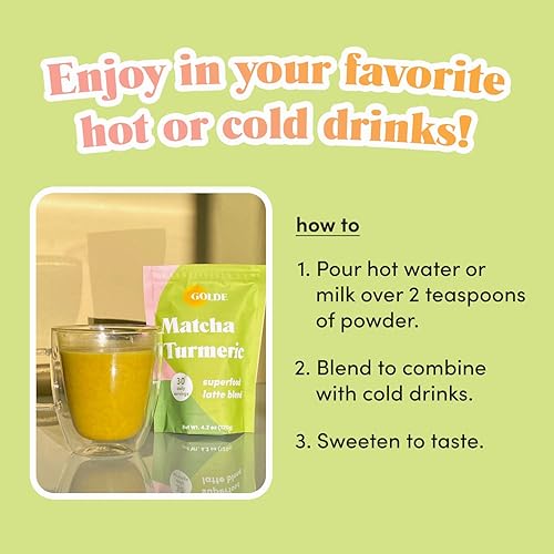 Miniatura 4 de GOLDE - Superfood Latte Blend - Cúrcuma Matcha - A base de plantas con cúrcuma, coco y matcha - Equilibrio de estrés - Vegano, keto y sin azúcar -