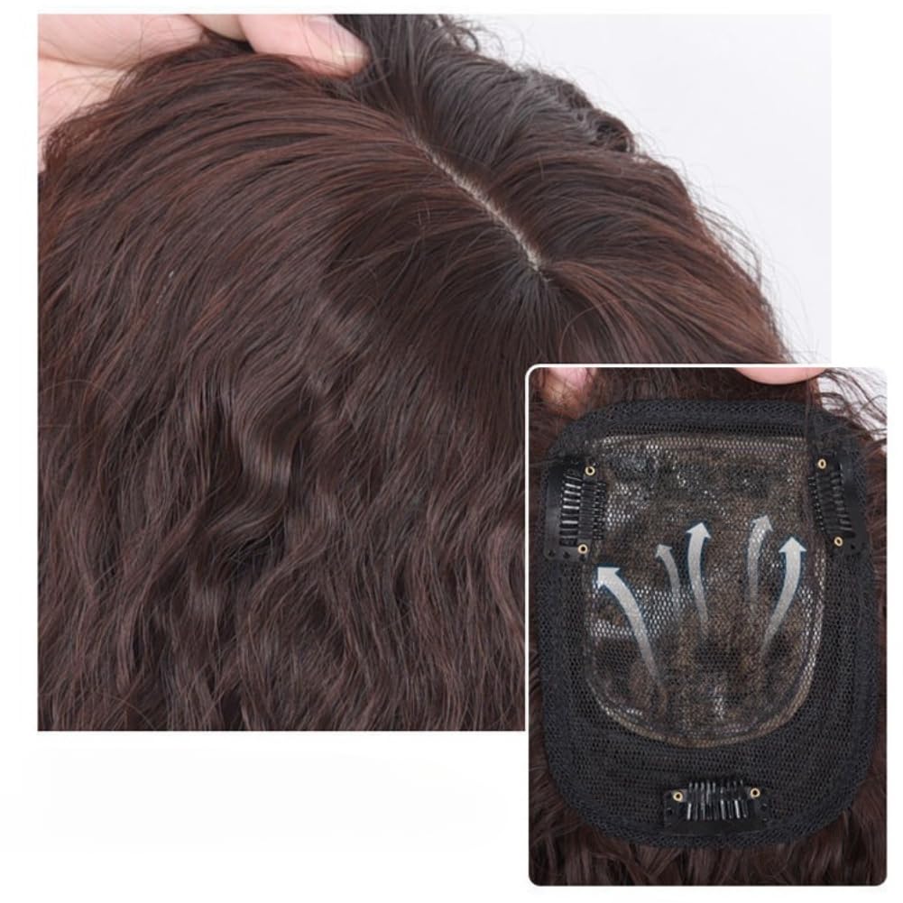 Invisible Curly Topper with Bangs Clip in Hairpiece Synthetic Hair Wiglet for Women Thin Hair (Dark brown,25cm)