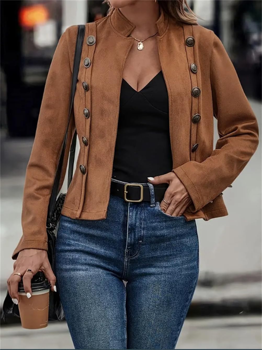 Damenjacke aus Wildlederimitat, vorne offen, zweireihig, langärmelig, hellbraune Jacke für Damen