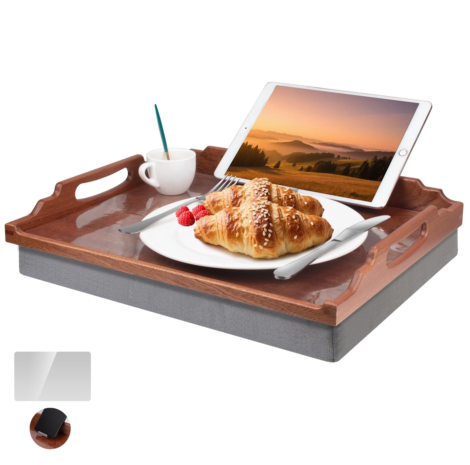 DRELIFAM Knietablett mit Kissen, Betttablett aus Holz zum Essen, Knietablett für Liegestuhl, Frühstückstablett, TV-Dinner-Betttablett für Essen (Sapele-Holz)