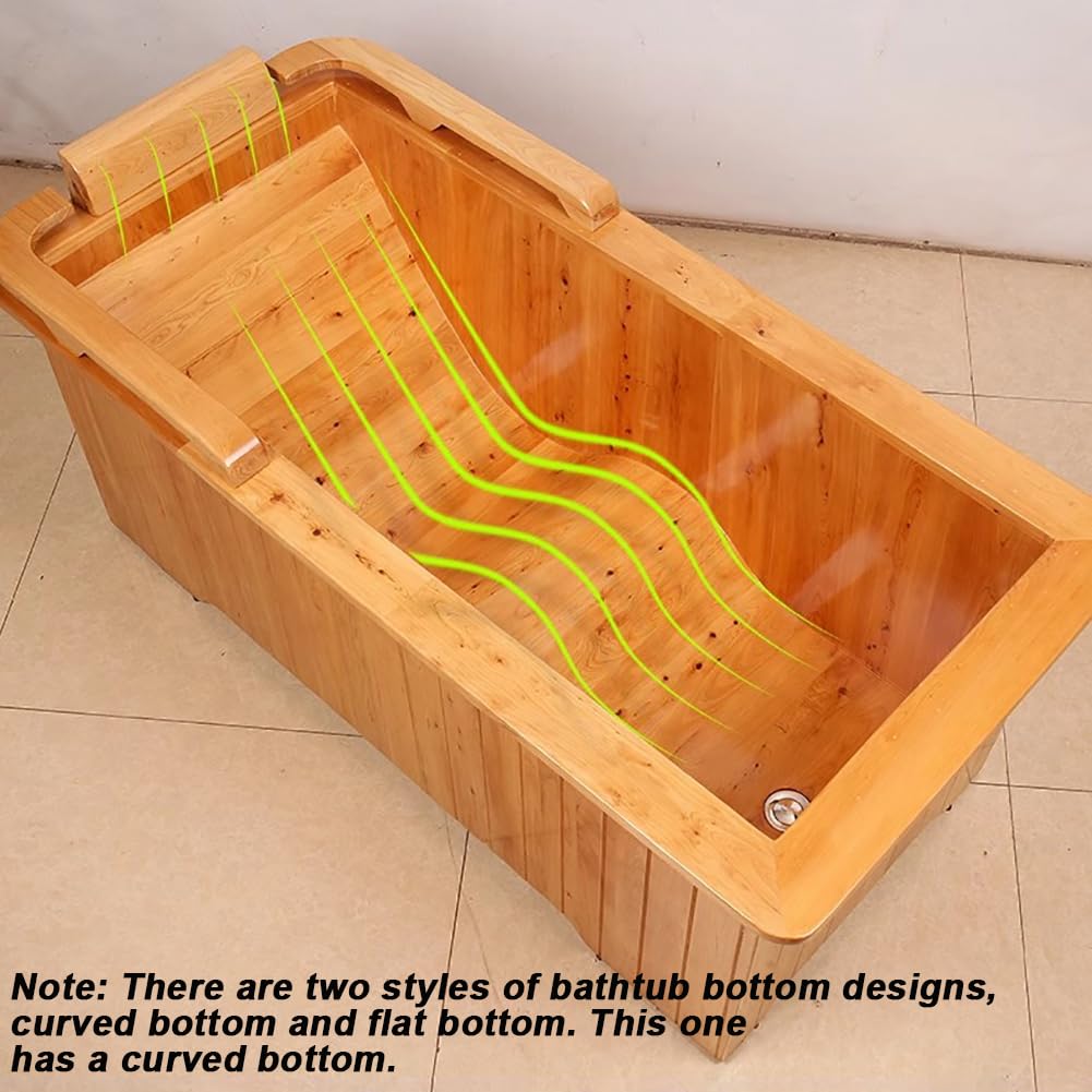Vasca da Bagno Rettangolare in Legno, Vasca da Bagno Profonda in Legno Massello, Vasca da Bagno Antiscivolo con Panca Esterna, Cucchiaio di Legno, Vasca da Bagno Orientale,Flat Bottom 130cm