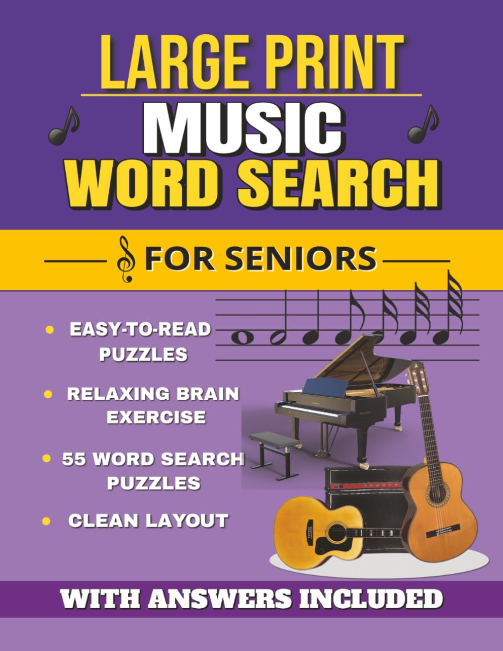 Large Print Music Word Search for Seniors: Easy-to-Read Puzzles Featuring Music, Instruments, Genres, and Musical Terms | Relaxing Brain Games | 8.5 x 11 Inches, 112 Pages | Solutions Included