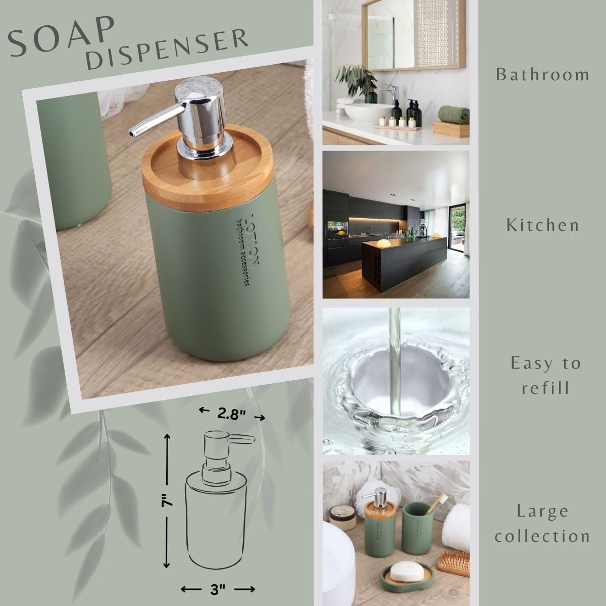 Chic Matte Green Soap Dispenser with Natural Bamboo Accent - Polyresin Hand Wash Pump, Versatile Bathroom Accessory