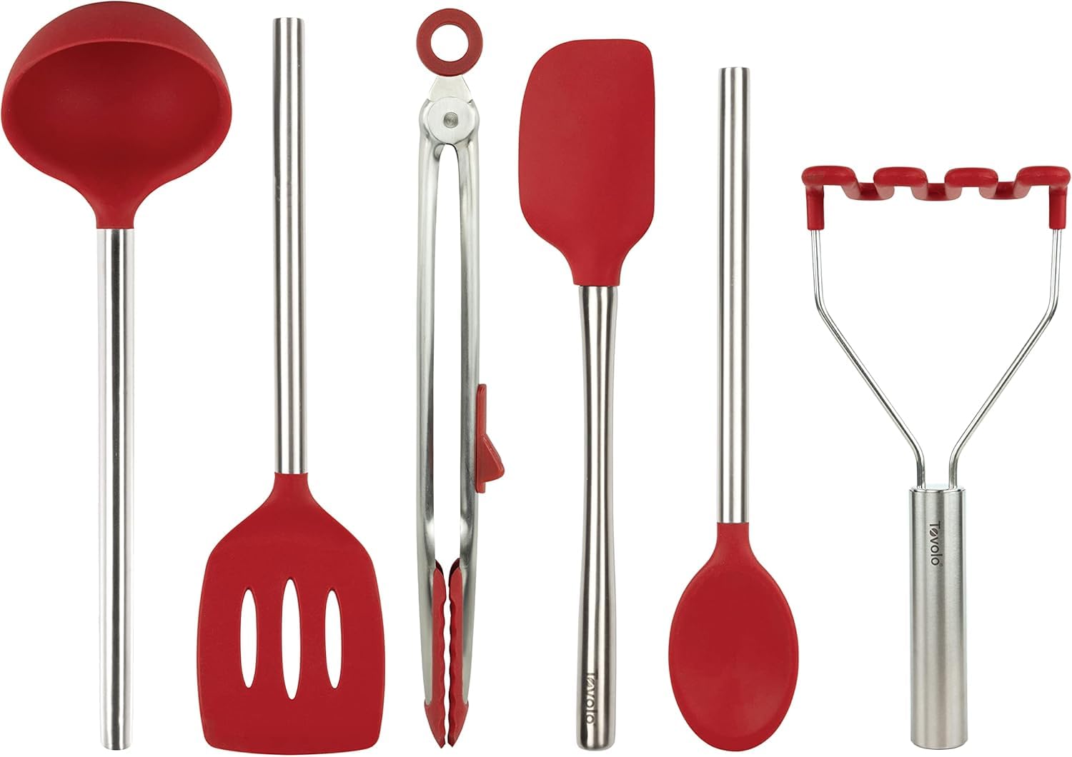 Tovolo Silicone Cooking Utensil Set of 6 Stainless Steel Handle Ladle Slotted Turner Tongs Flex Core Spatula Scraper Mixing Spoon &amp; Potato Masher, Dishwasher Safe BPA Free Utensils, Cayenne Red