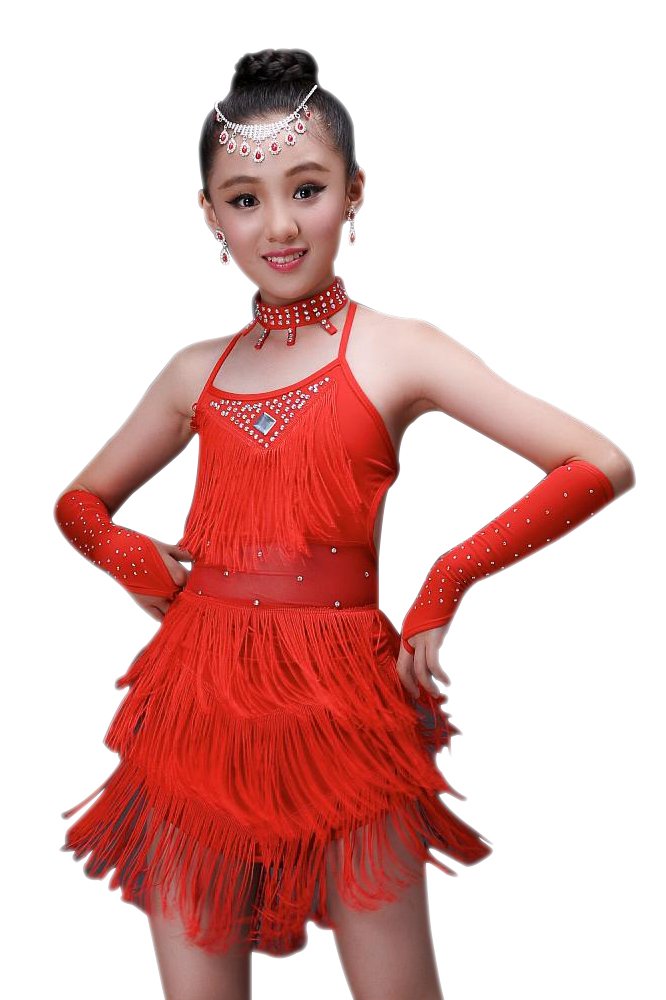 BOZEVON Kids Girls Performance Ballroom Costume Sequin Salsa Tango Tassel Latin Dance Dress Red