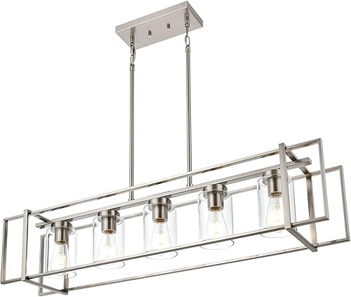 Miniatura 8 de Lucidce Lámparas de araña de 5 luces de estilo rústico de latón negro para isla de comedor con pantallas de vidrio transparente, iluminación