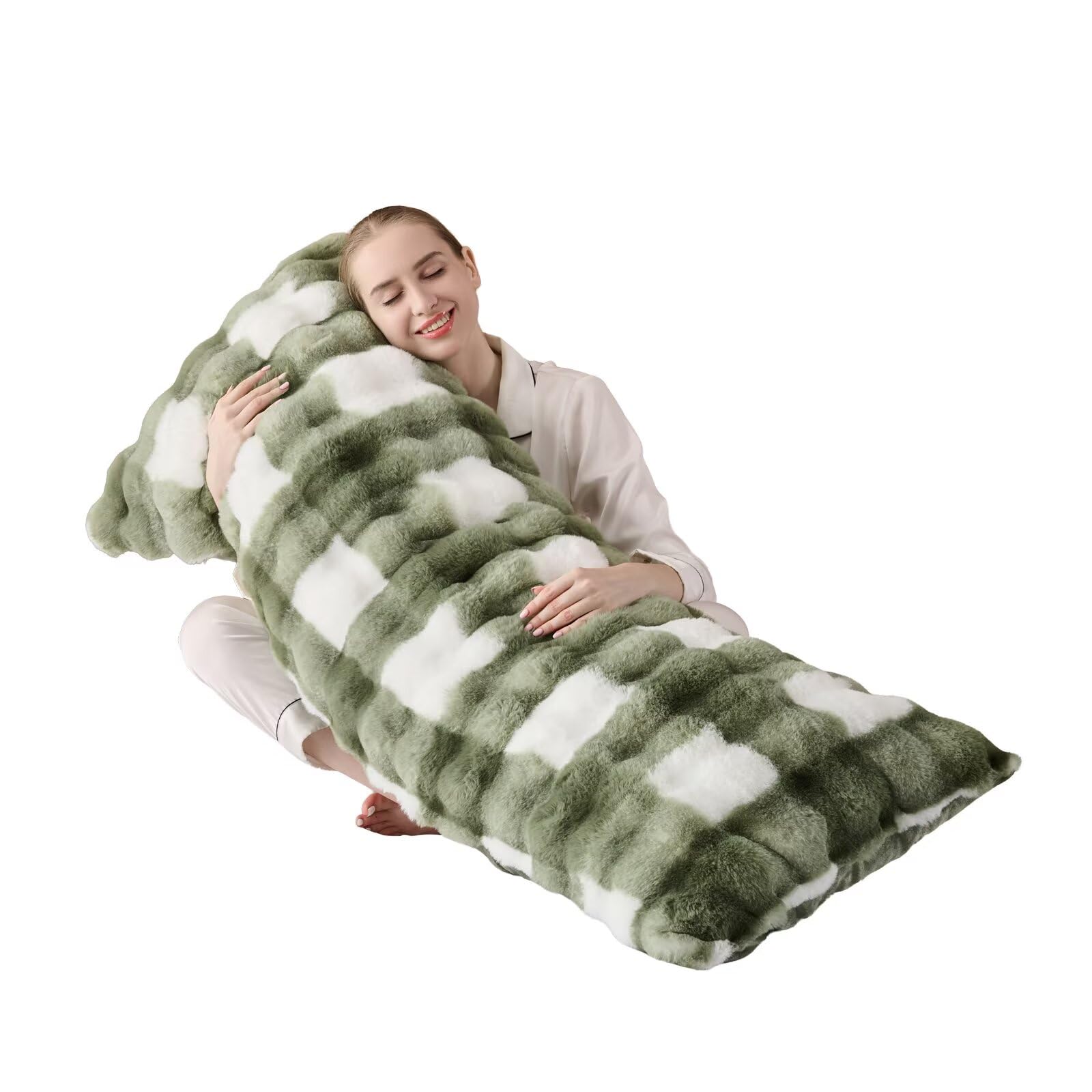 20"x54" Luxury Shaggy Faux Fur Body Pillow Cover, Bubble Fluffy Plush Bed Pillowcase with Zipper Closure, Plush Long Pillow Cover for Home Bedroom Pregnant Women Side Sleeper - Sage Green Grid Print