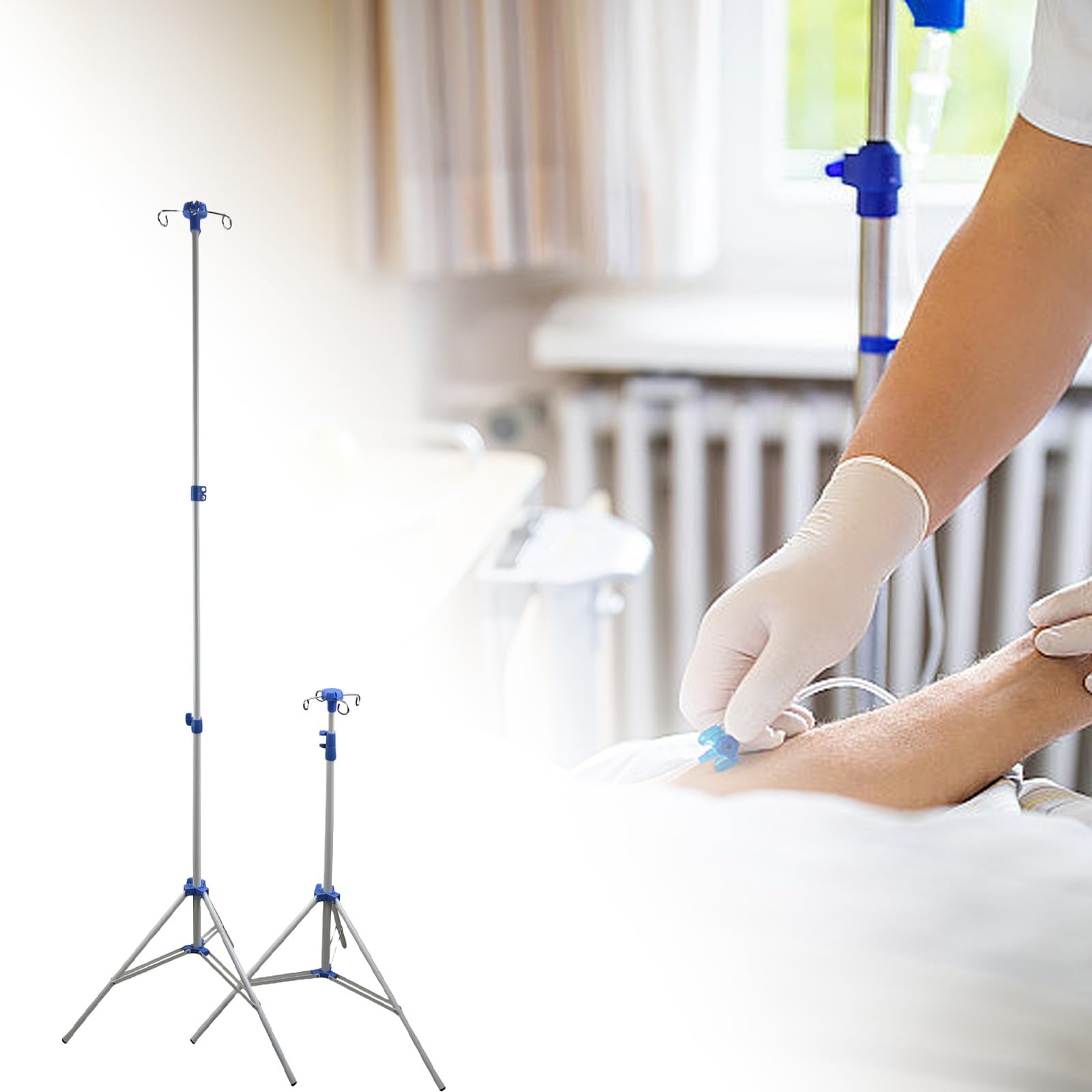 Postes de infusiones plegables de altura ajustable, soporte clínico portátil con 4 ganchos y bolsa de red de almacenamiento para hogares y hospitales