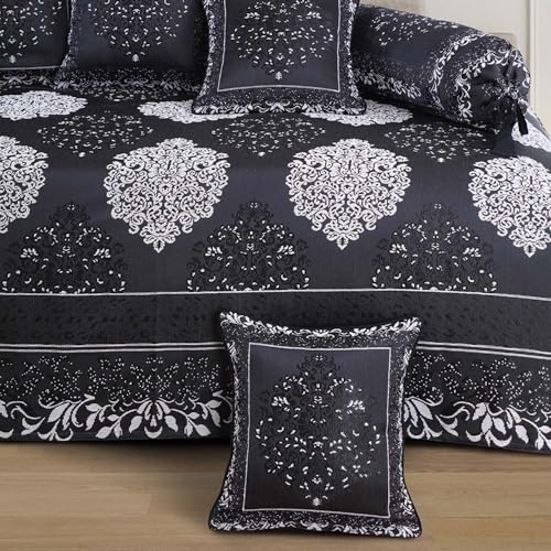 Image of Victor Styria Satin Geometrical Diwan Set 8 Pieces | Poly Cotton Diwan Cover Set with 2 Bolster Covers & 5 Cushion Covers Set for Living Room | Black & White 60x90 Inch