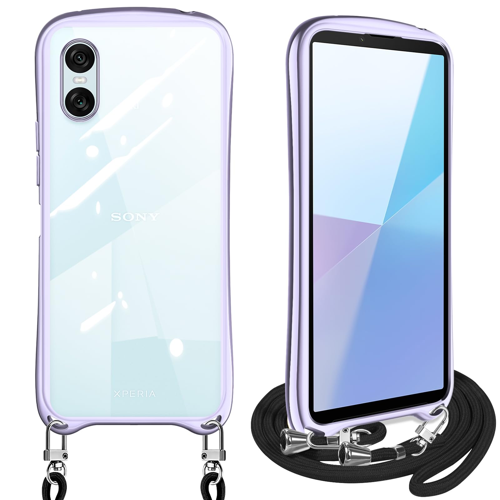 Xperia 10 VI 用の ケース クリア ショルダー SO-52E SOG14 エクスペリア10vi スマホケース カバー 耐衝撃 透明 TPU ストラップ付き 肩掛け 首掛け 紐付き 斜めがけ 取り外し可能 長さ調整可能(ライトパープル)