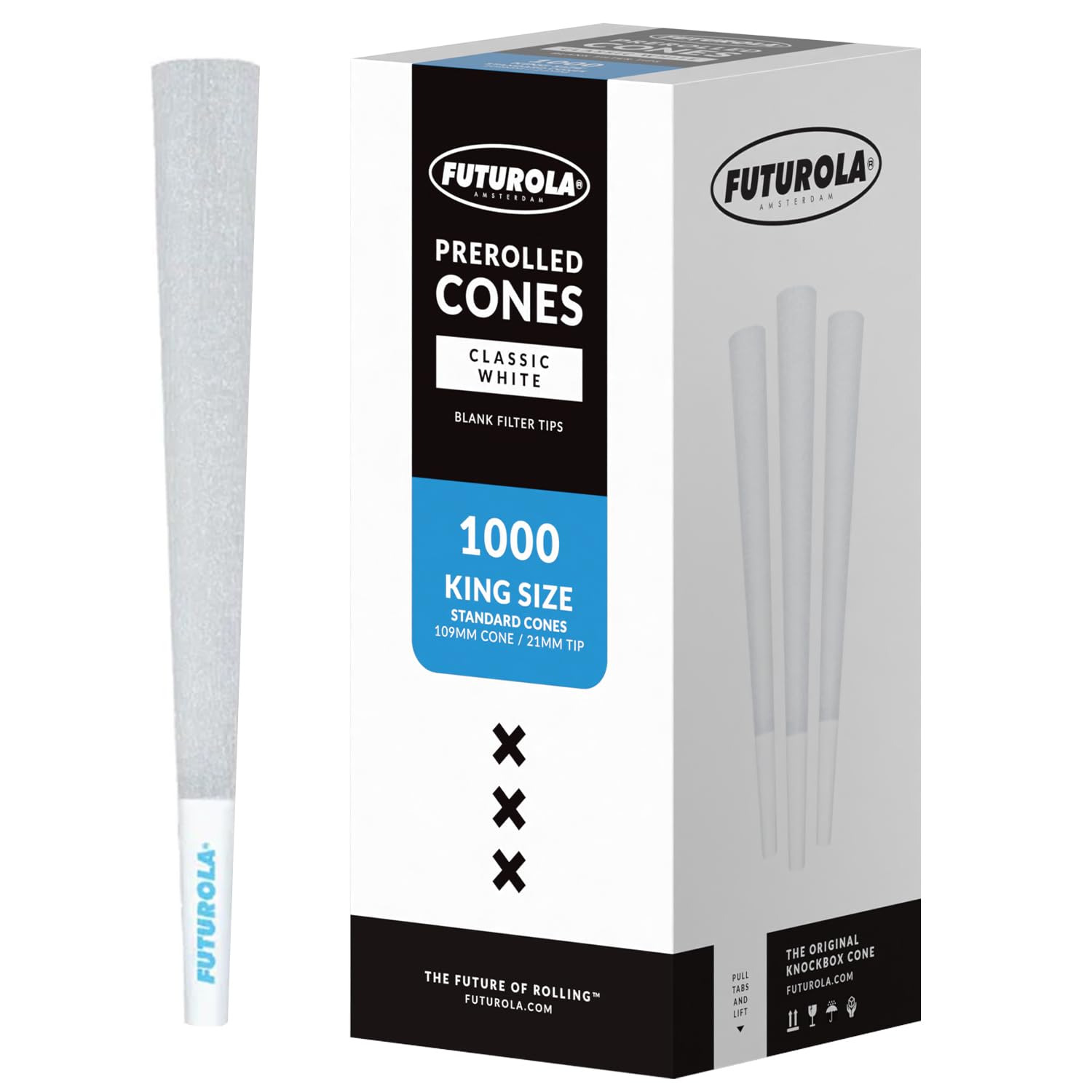 Futurola Unrefined King Size Pre-rolled Cones (Classic White, Pack of 1000) - 109mm Cone, 21mm Filter - Made of Ultra Thin French Cones Rolling Paper - Clean Taste, Smooth Burning & Additives Free