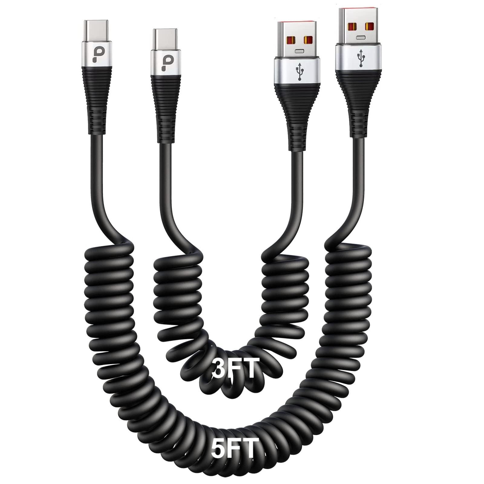USB Type C Coiled Cable Fast Charging (3FT/5FT), 2Pack Android Auto Charging Cord for Car, Short USB A to USB C Charge Cable Compatible with iPhone 17/16/15/Pro Max/Samsung Galaxy S20 Note 10 and More