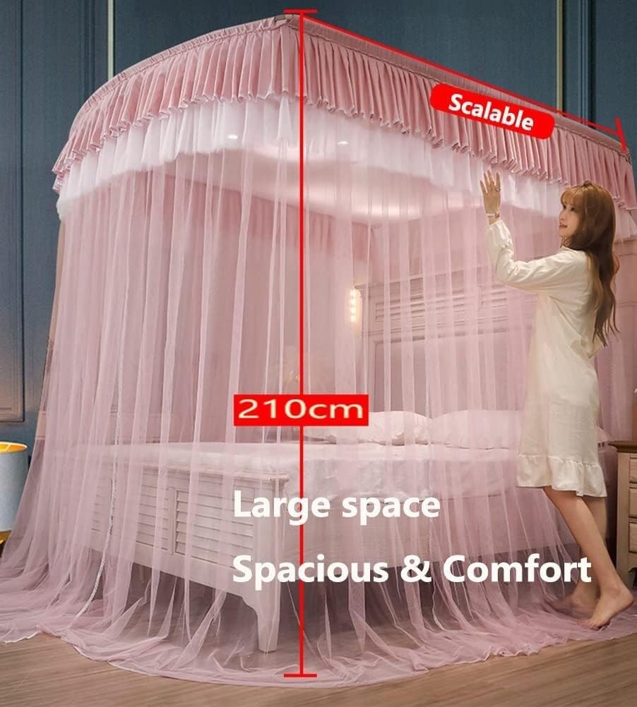 Różowa podwójna moskitiera na łóżko deluxe, romantyczne zasłony na łóżko pojedyncze i podwójne z uchwytem w kształcie litery U (rozmiar: 150X200CM) (rozmiar: 150X200CM)