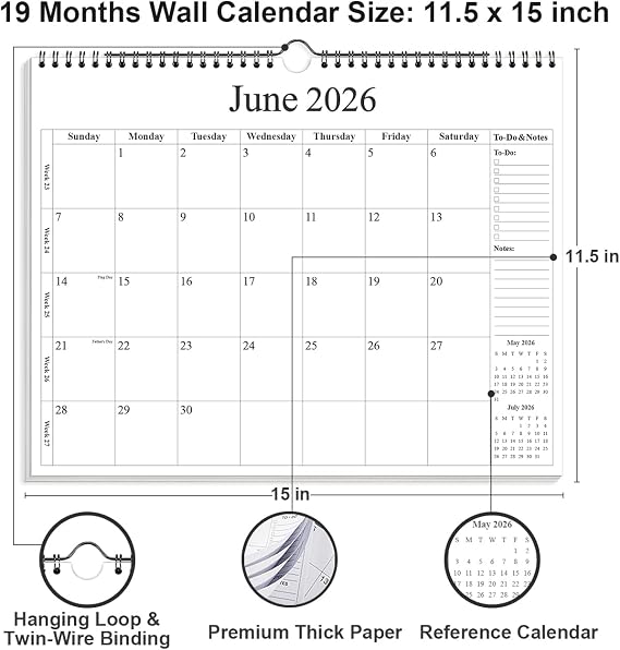 2026-2027 Calendar - Wall Calendar 2026-2027 from August 2026 - December 2027, 18 Months Calendar with Premium Paper, Twin-Wire Binding & Hanging Hook, 12 x 14.5, Black