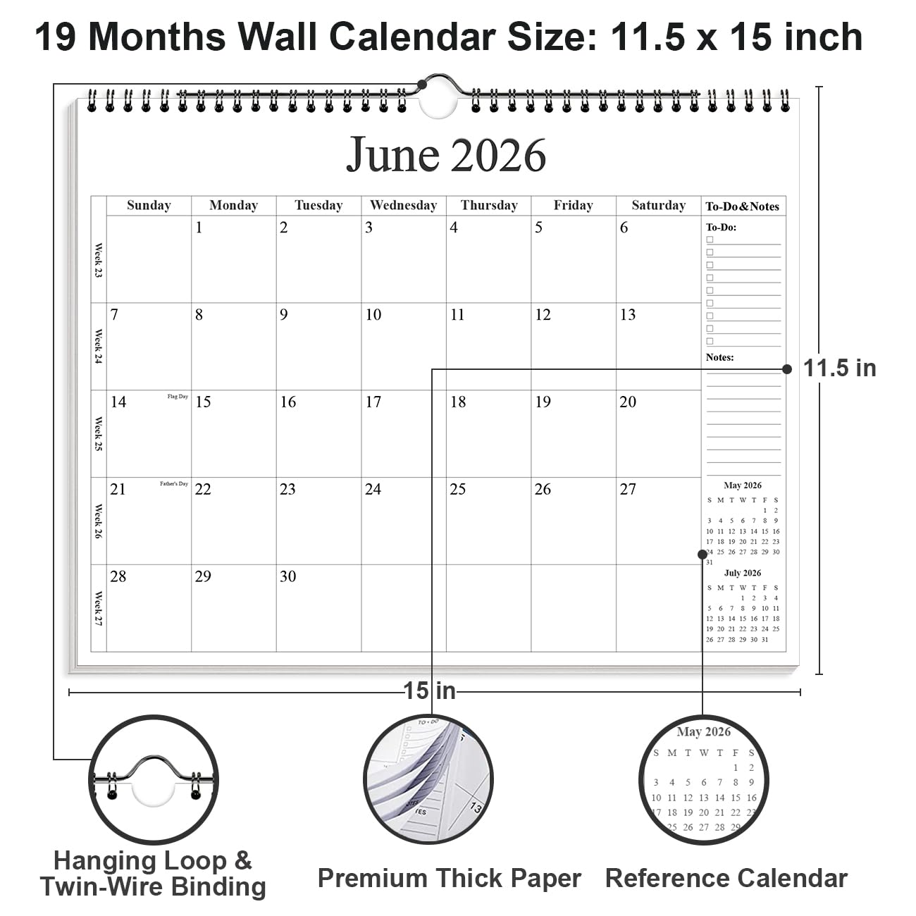 Kalender 2026-2027 - Wandkalender 2026-2027 von August 2026 - Dezember 2027, 18 Monate Kalender mit Premium-Papier, Doppeldrahtbindung & Aufhängehaken, 30,5 x 36,8 cm, Schwarz