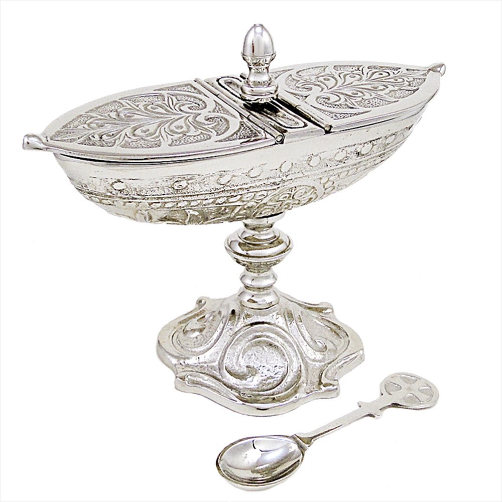 Nklaus Silver Incense Burner With Hinged Lid And Spoon Solid Brass Nickel Plated 2946
