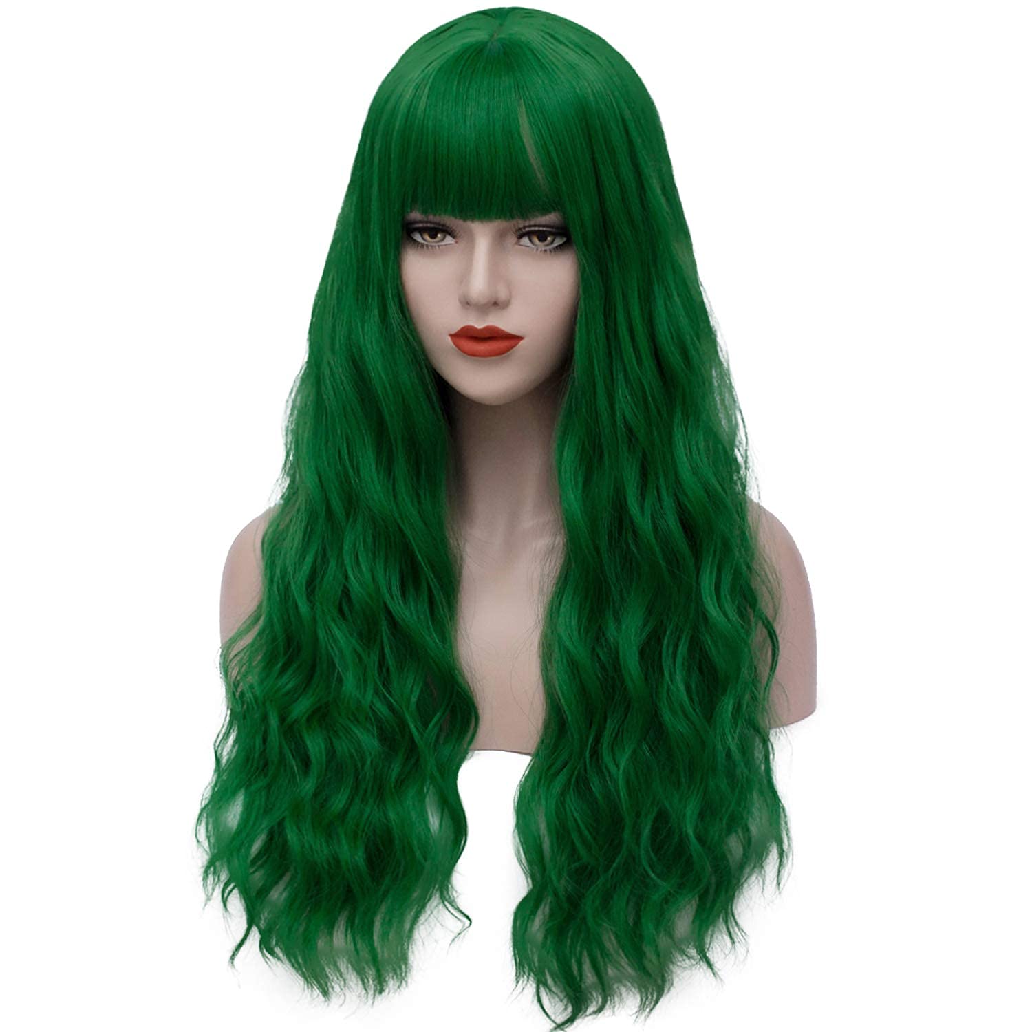Sallcks Womens Long Curly Wavy Green Wig with Bangs Synthetid Heat Resistant Halloween Cosplay Costume Wigs - Image 3