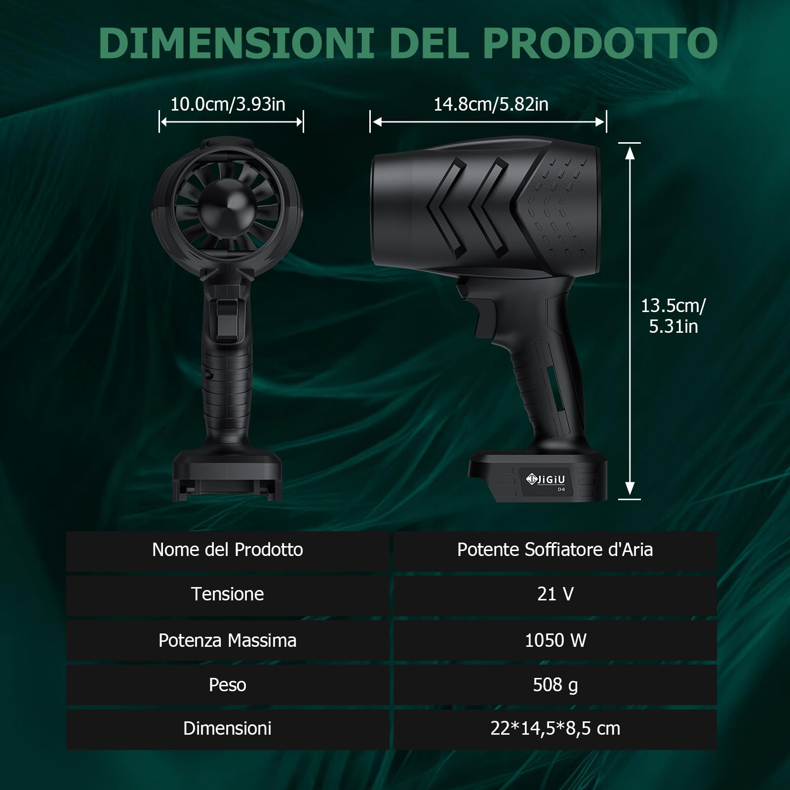 JiGiU Soffiatore di foglie senza fili con batteria, 35000 giri/min, soffiatore d'aria con batteria da 2 x 3,0 Ah, leggero e portatile per giardino, terrazza, auto e polvere