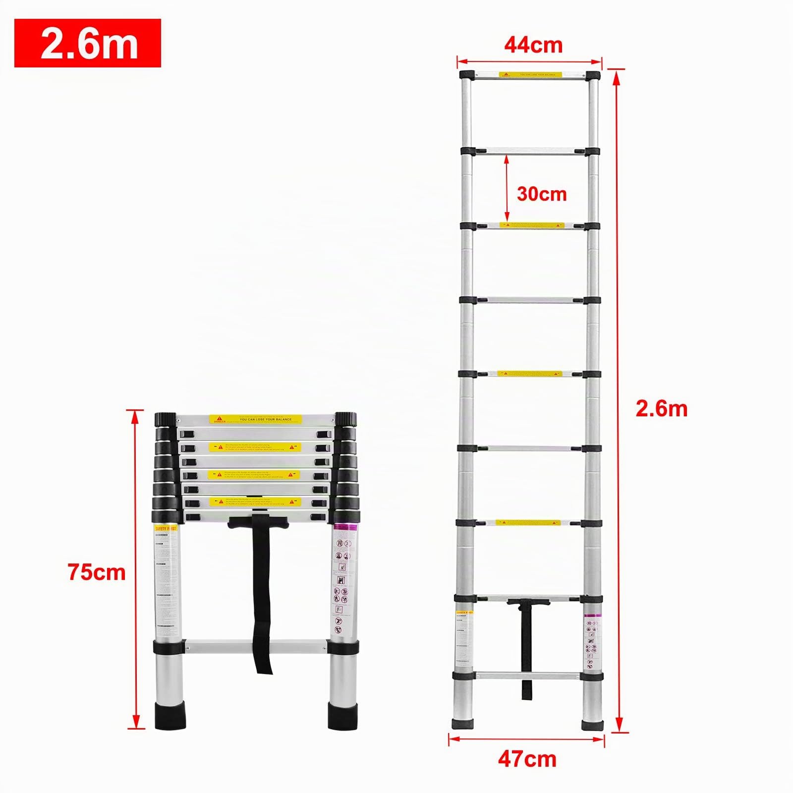 Aufun Teleskopleiter Alu 2,6m Ausziehbare Leiter Rutschfester Aluleiter Schiebeleiter Sprossenleiter Ausziehleiter Aluminiumleiter Teleskop-Design Mehrzweckleiter max 150 kg Belastbarkeit