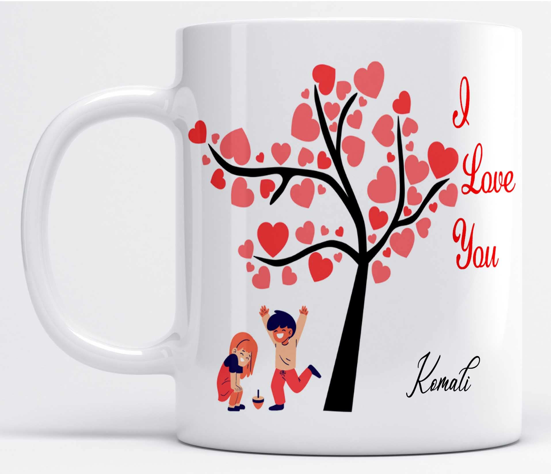 LOROFY Name Komali Printed Tree of Hearts Design Ceramic Coffee Mug (350ML)