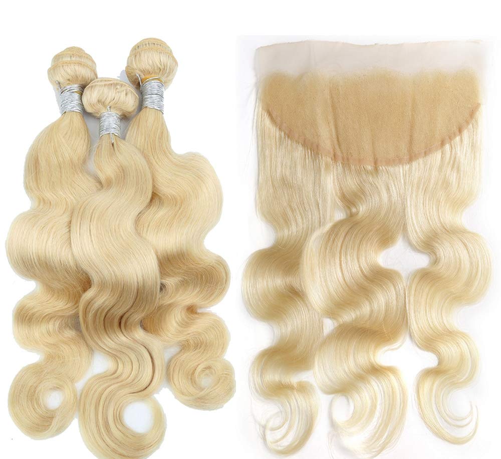 613 Blonde Human Hair 3 Bundles Weft With Lace Frontal Body Wave Unprocessed Brazilian Human Hair (24 26 28 Bundle+16 Free Part Frontal)