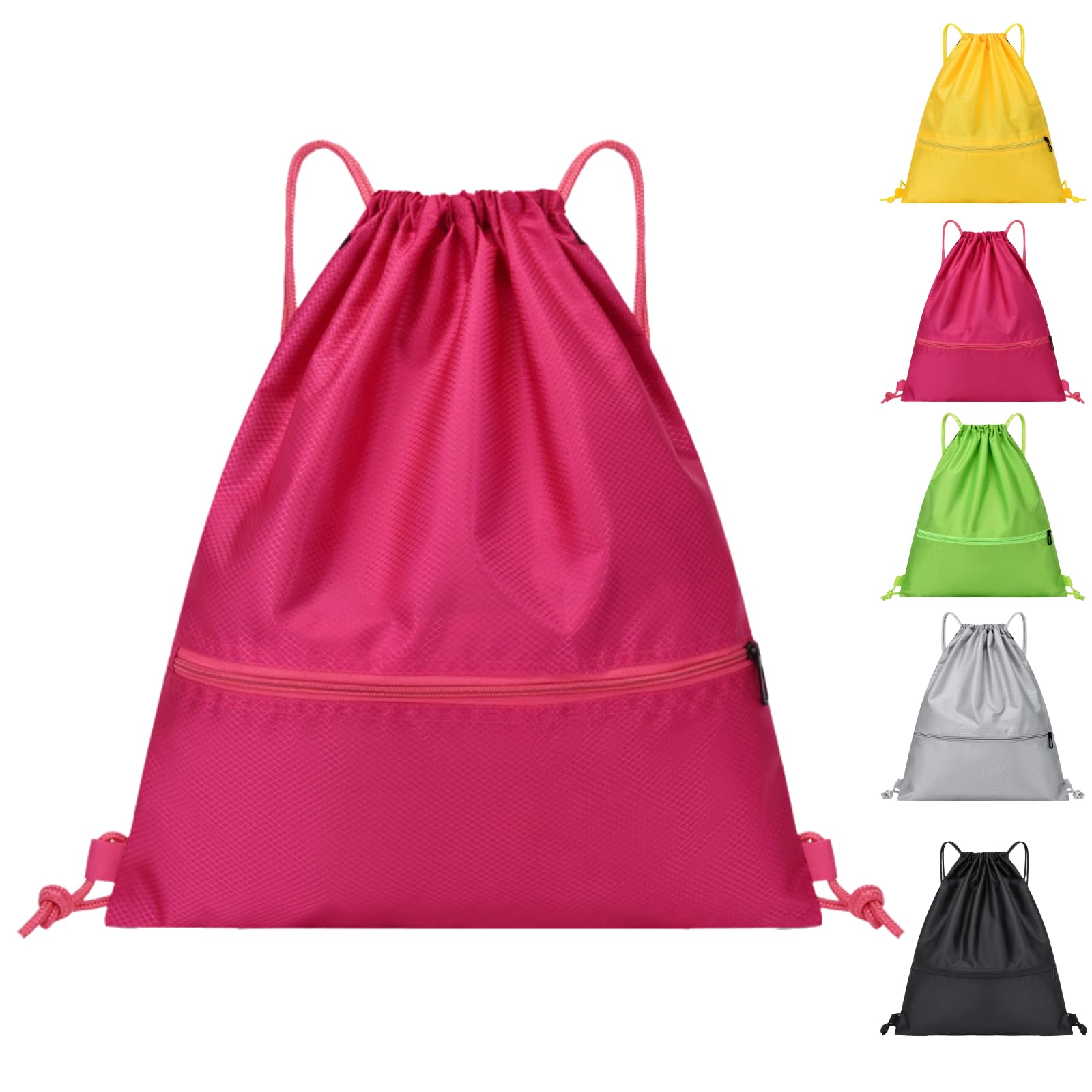Arae Drawstring Backpack Bag with Front Pocket Waterproof Oxford Cloth, Lightweight Gym Sack for Sports and Travel (Rose Red, Large)