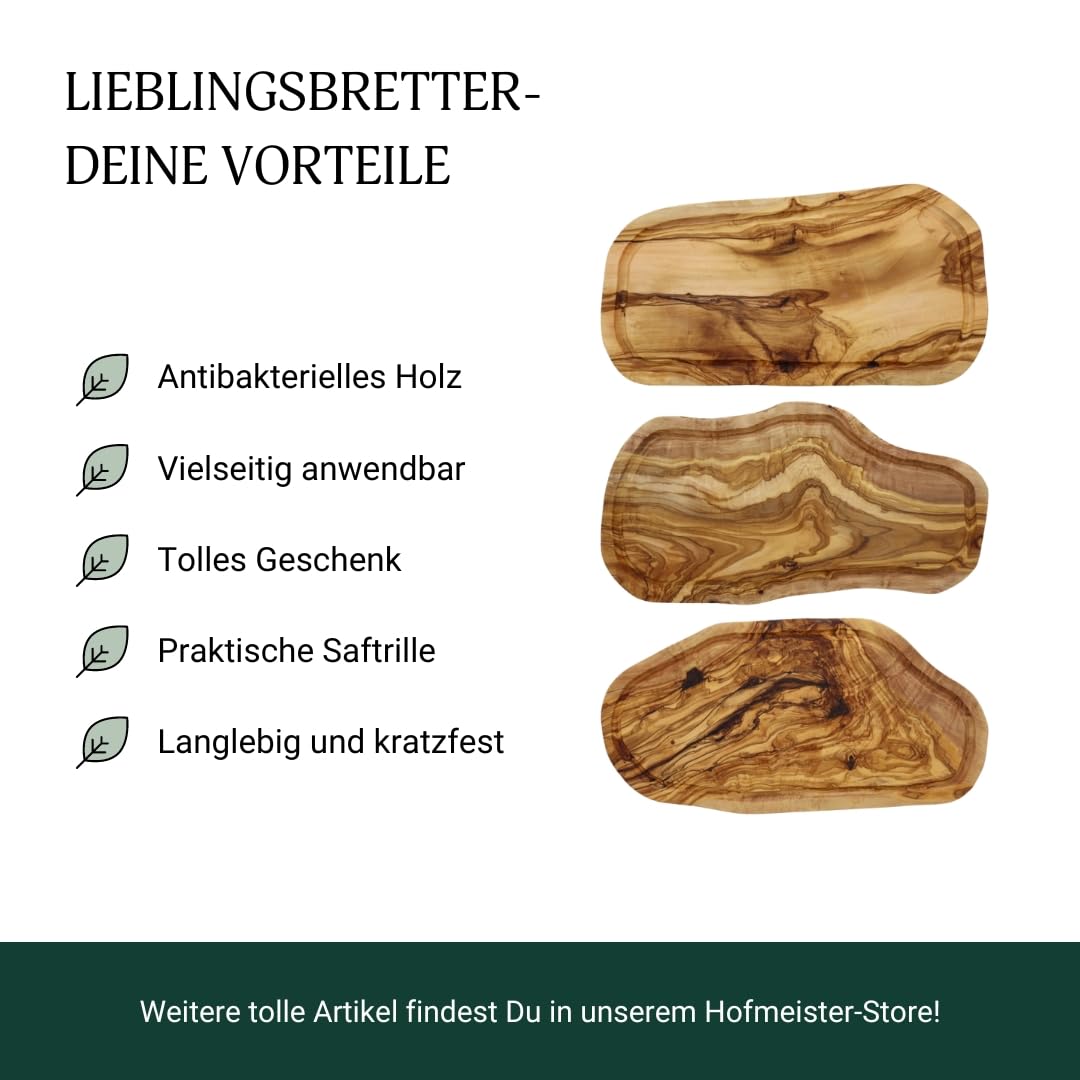 2x HOFMEISTER® Schneidebrett Saftrille Olivenholz - praktisches Set aus zwei Brettern aus Olive mit typischer Maserung, Doppelpack, Naturschnitt, 40 cm Länge